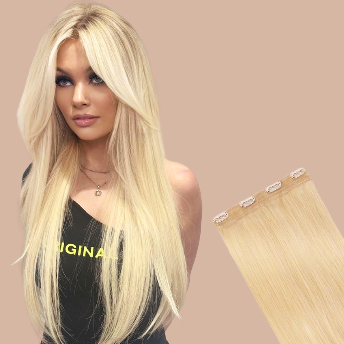 Extension with 100% natural clips Straight Blond Platinum Mono Bande