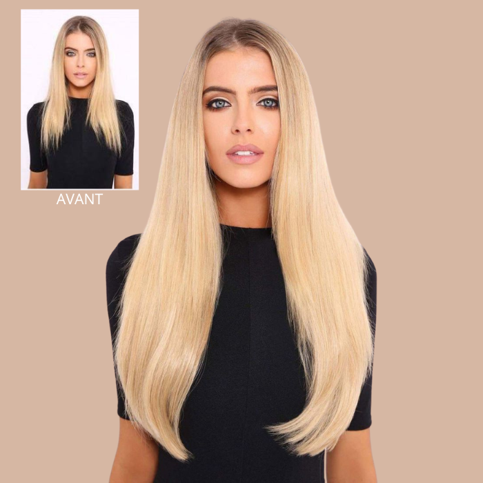 Extension with 100% natural clips Straight Blond Platinum Mono Bande