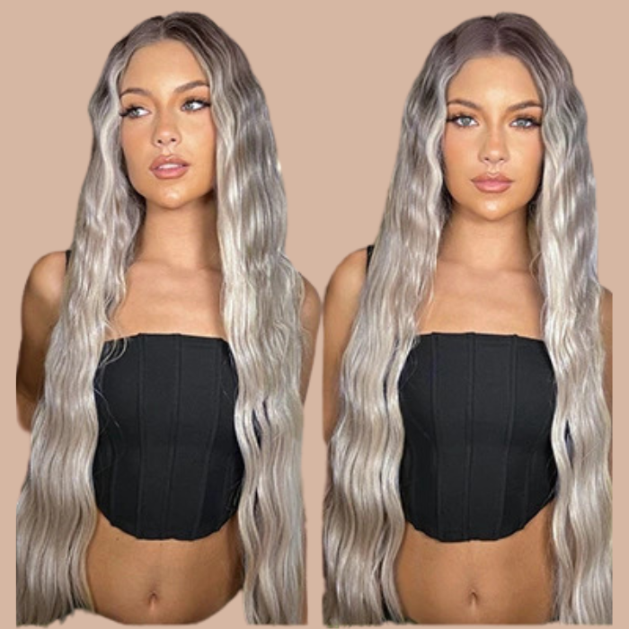Long blond wavy wig with gray shades